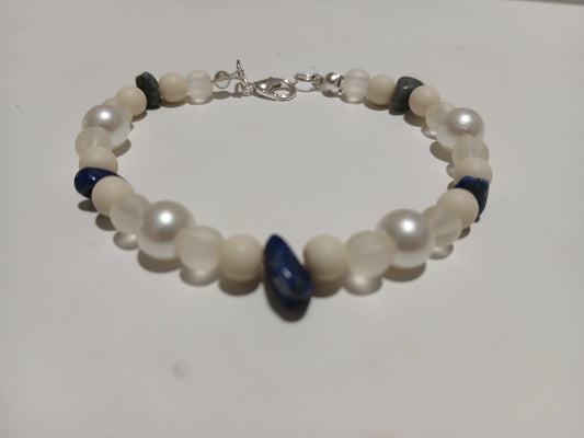 Elegant Pearl & Blue Stone Bracelet