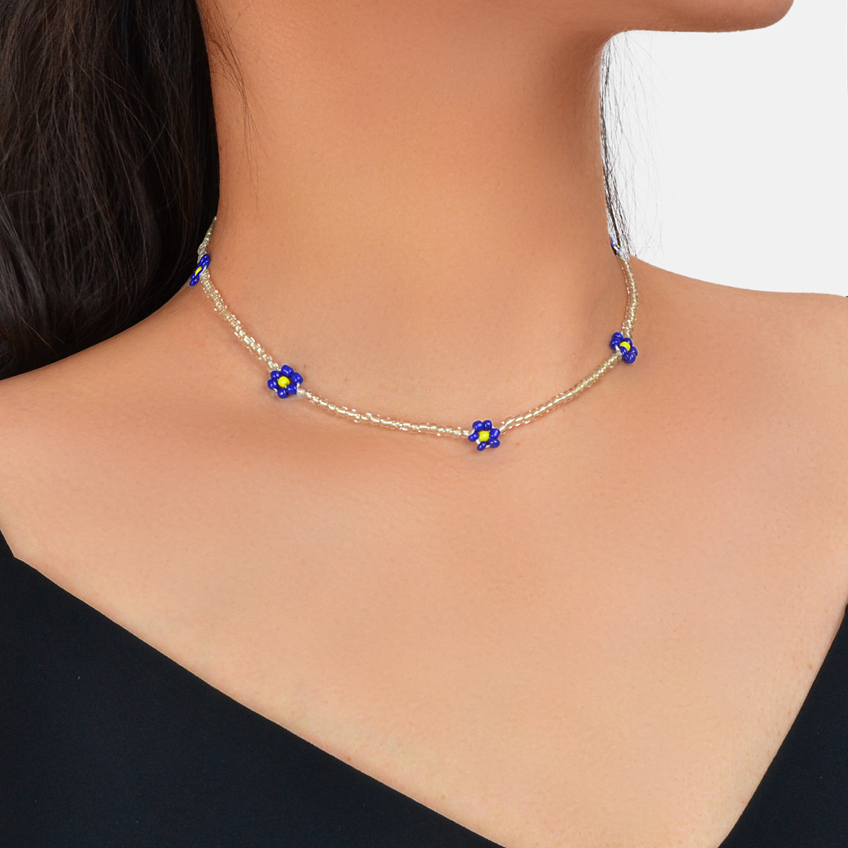 Boho Handmade Seed Beads Choker Blue Flower Collar Necklace Prom Party Jewellery-0