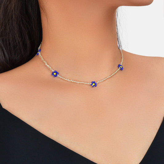 Boho Handmade Seed Beads Choker Blue Flower Collar Necklace Prom Party Jewellery-0