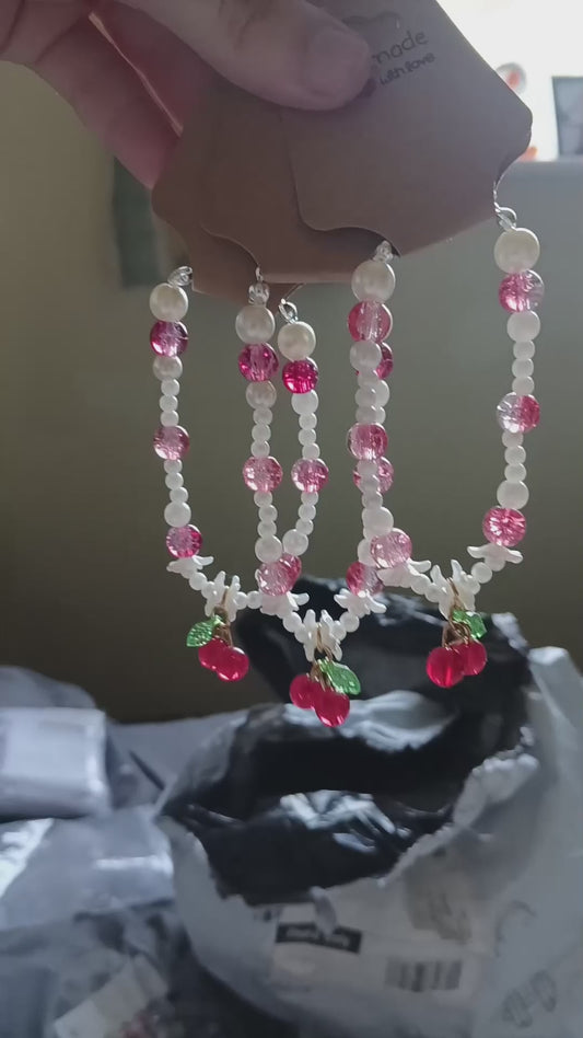 Handmade Red Bead & Pearl Bracelet with Cherry Charm