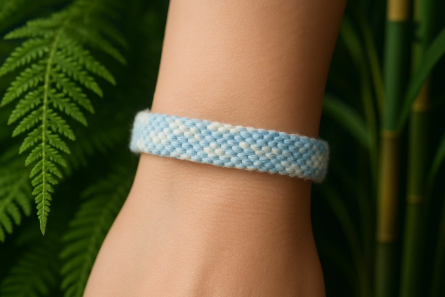 Professional wool bracelet with ferns and bamboo background