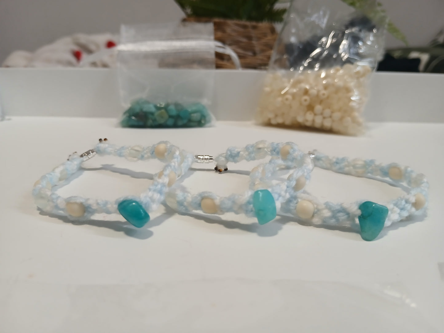 Blue and white wool beaded bracelet with stone