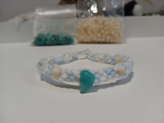 Blue and white wool beaded bracelet with stone