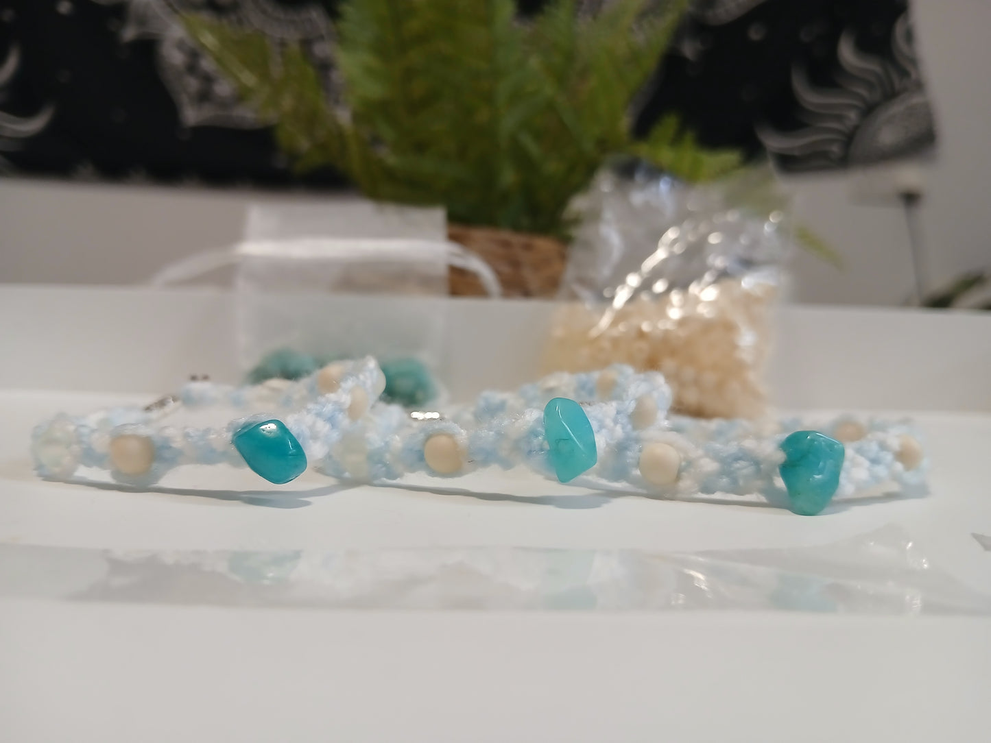 Blue and white wool beaded bracelet with stone