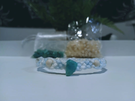 Blue and white wool beaded bracelet with stone