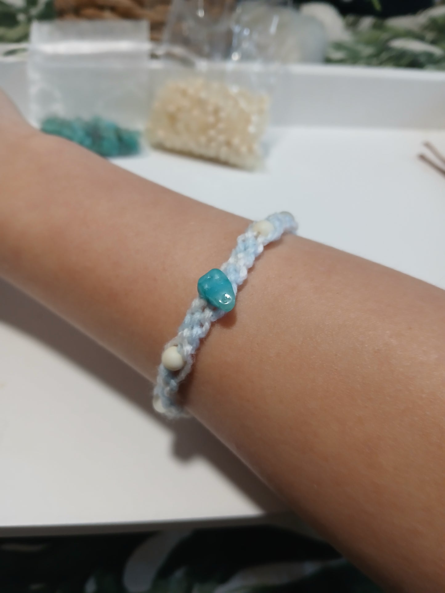 Blue and white wool beaded bracelet with stone