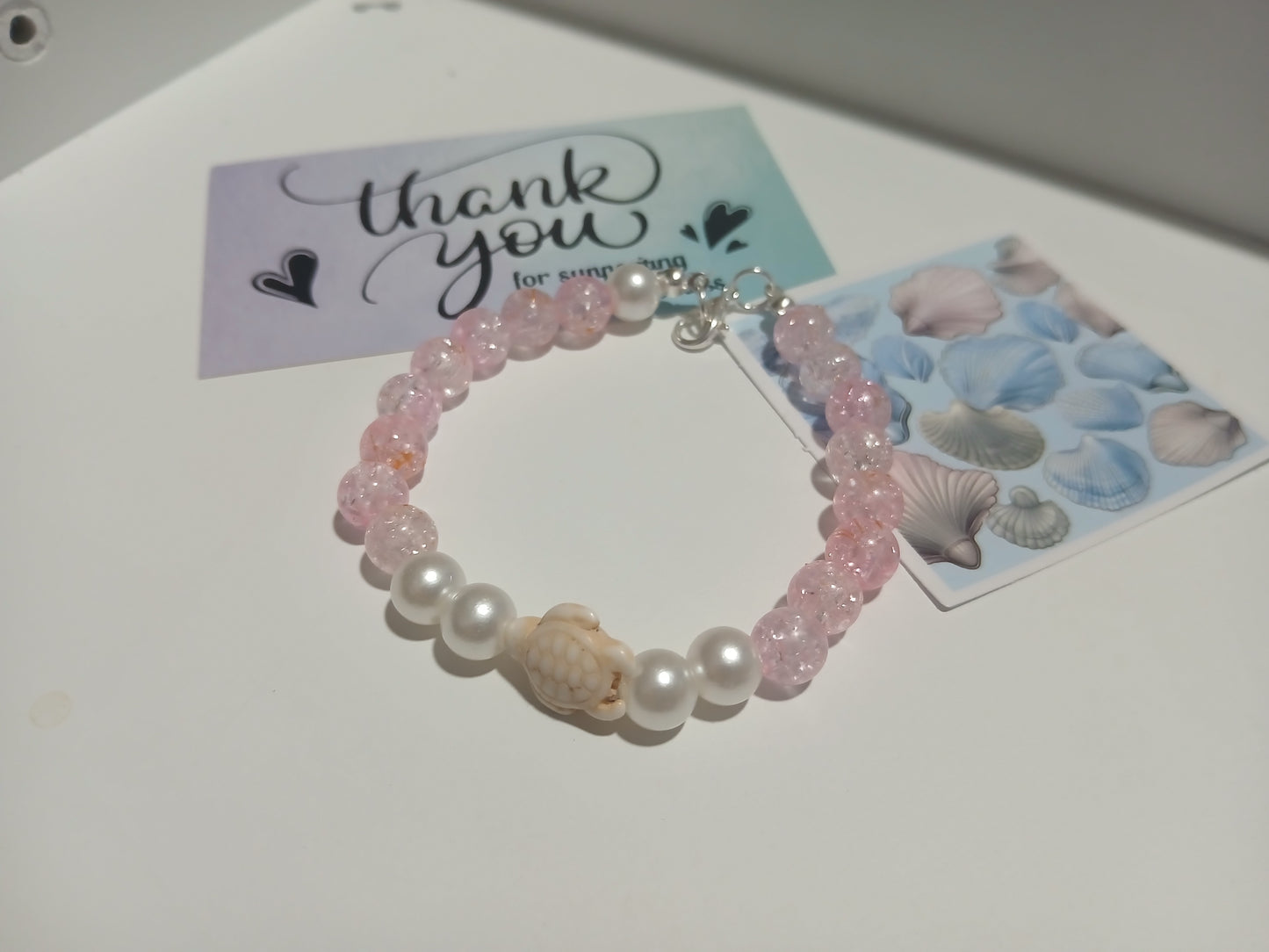Handmade Pink Bead, Pearl, and Shell Charm Bracelet